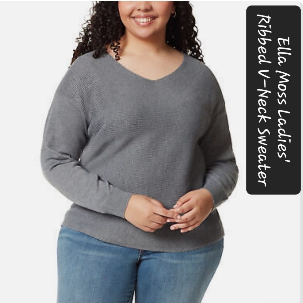 Ella Moss Ladies' Ribbed V-Neck Sweater, Gray